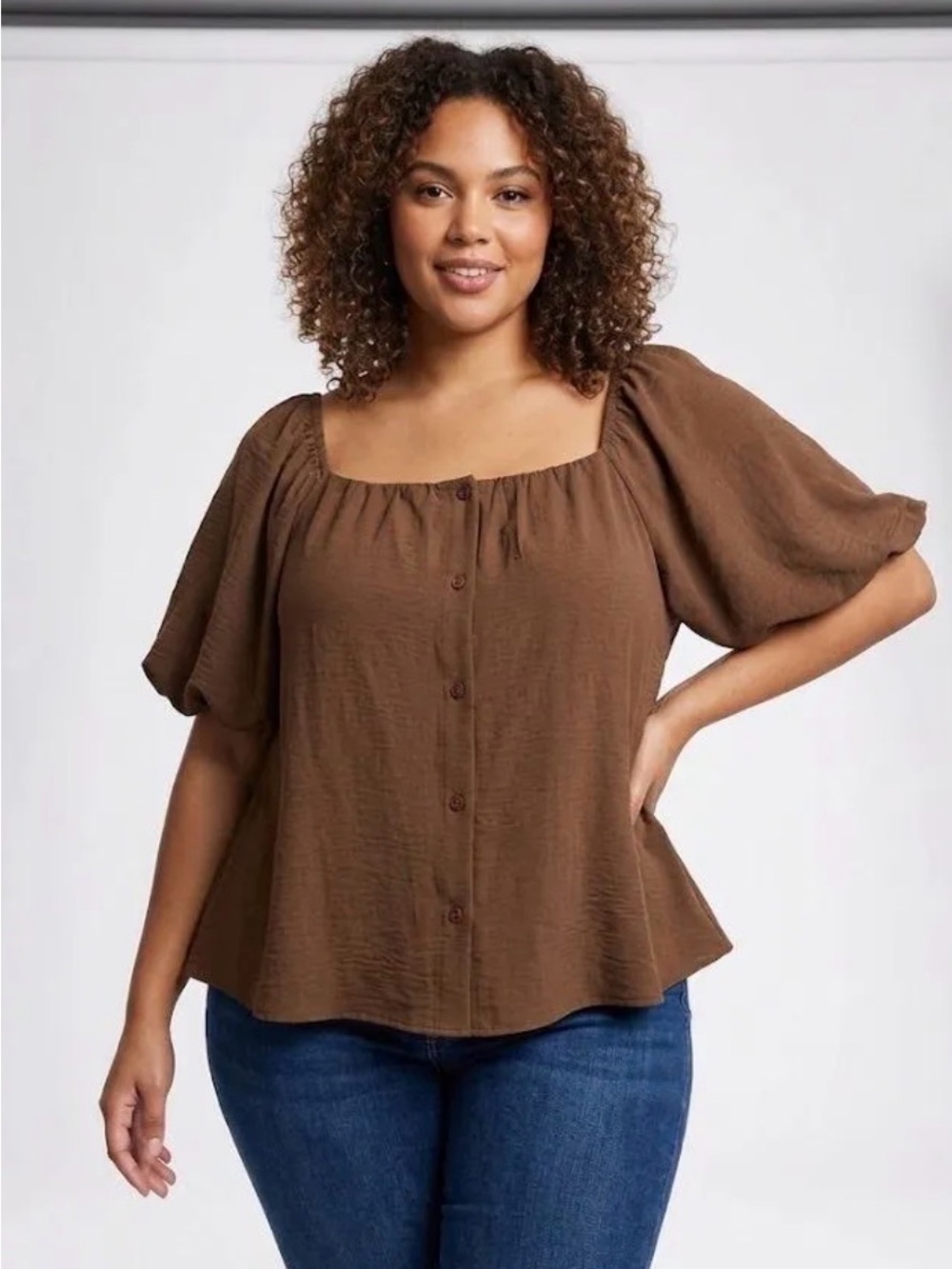 Timing Brown Square-Neck Puff Sleeve Button Front Top